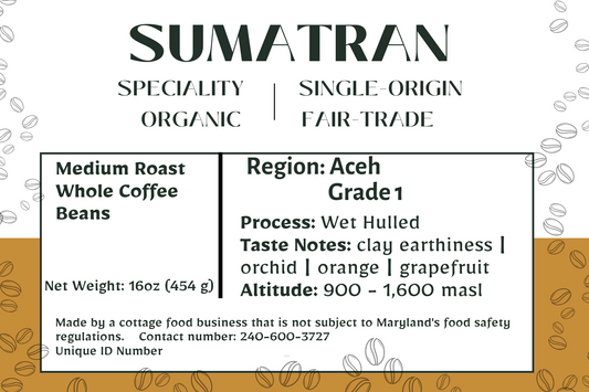 Sumatran - Specialtiy, Organic, Fair trade - Medium Roast